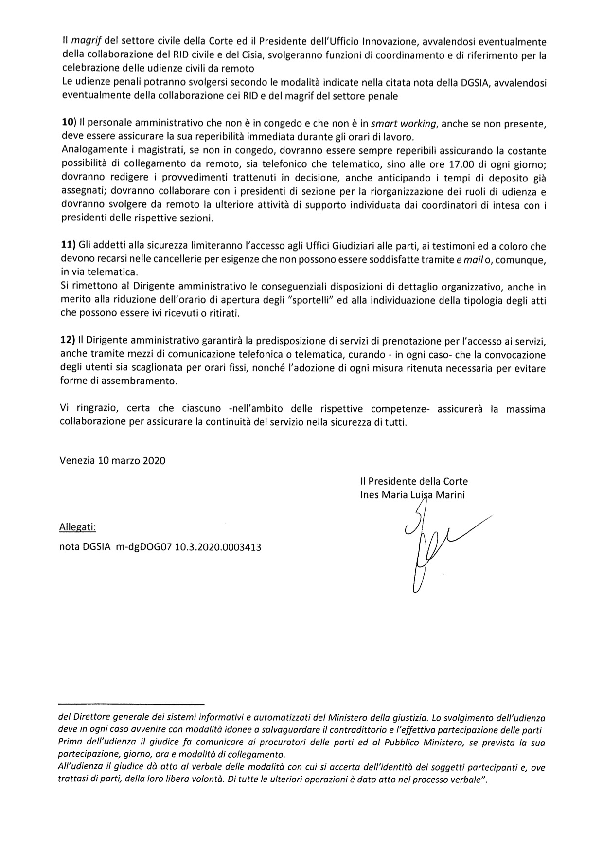 Provvedimento Presidente Corte d'Appello di venezia dott.ssa Marini del 10.03.2020 - Provvedimenti organizzativi conseguenti all'entrata in vigore del decreto legge n. 11 dell'8.03.2020
